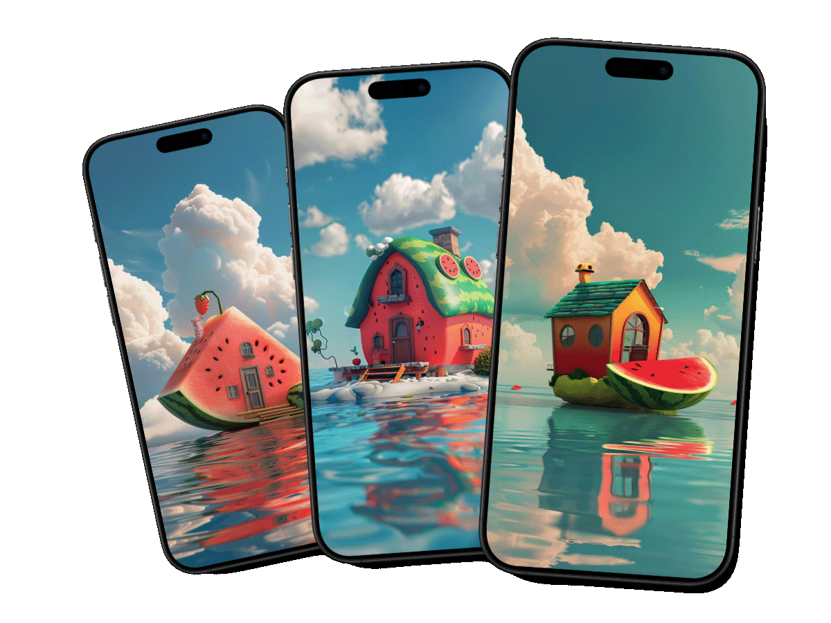 以海上漂浮的西瓜房子为主题的创意壁纸。