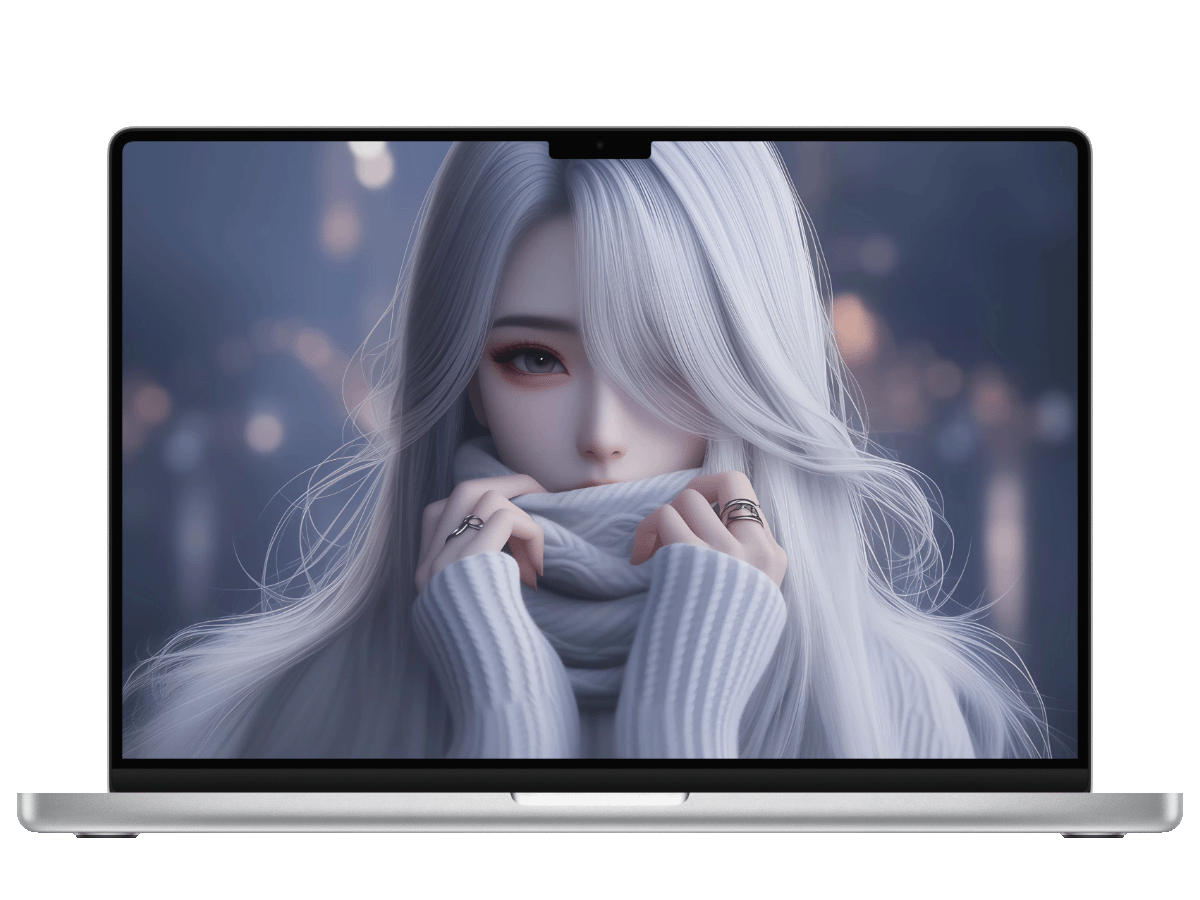 迷人白毛动漫女孩，白色长发轻拂，围巾飘逸，尽展风采的4K壁纸。