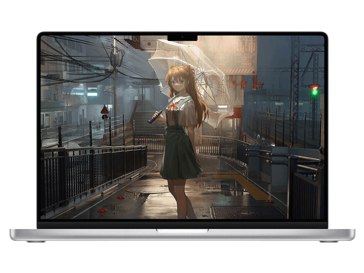 新世纪福音战士 明日香-雨幕城市中，透明伞下的独影 电脑壁纸