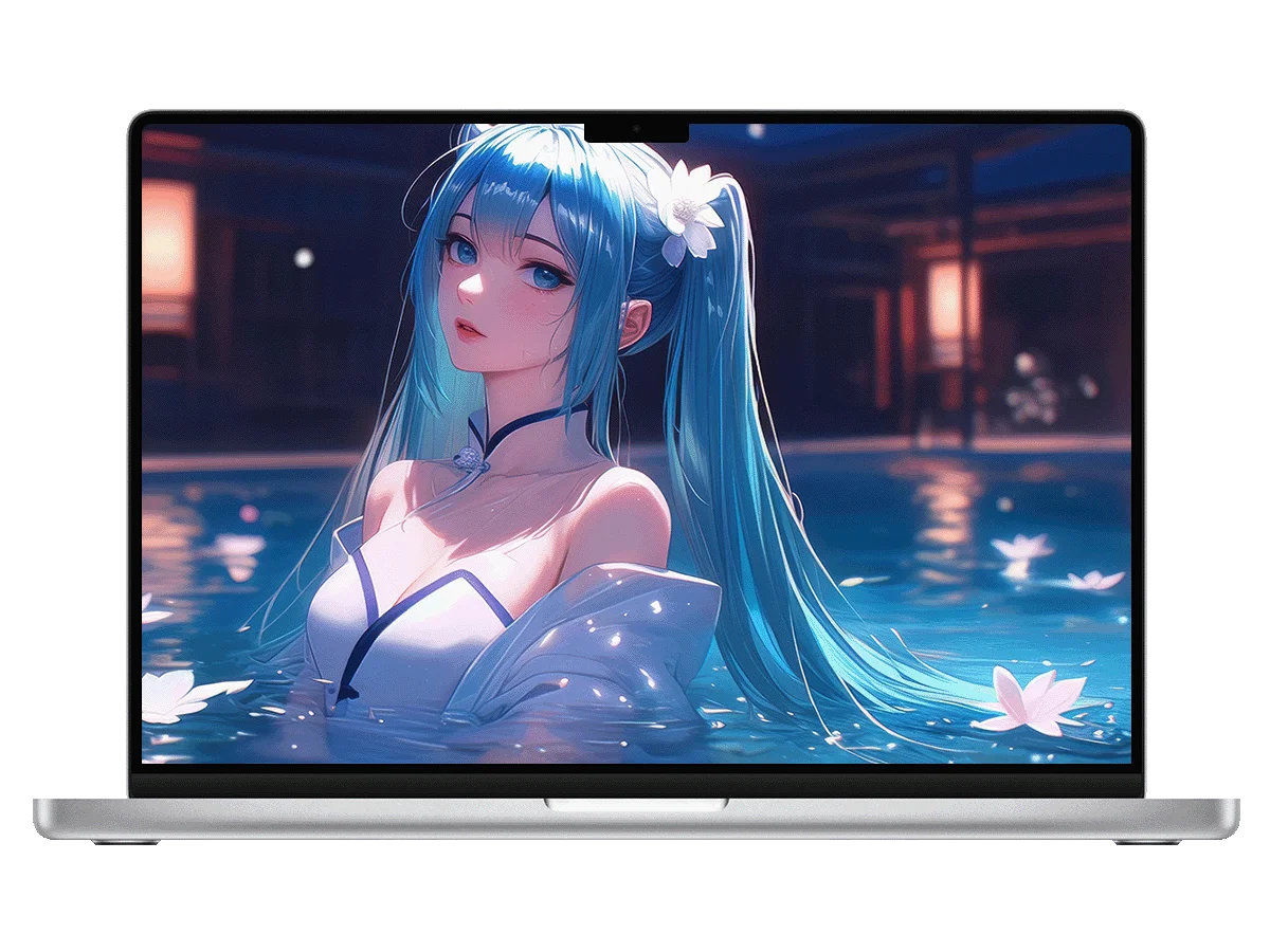 初音未来-月夜池畔，蓝发与落花共舞 电脑壁纸